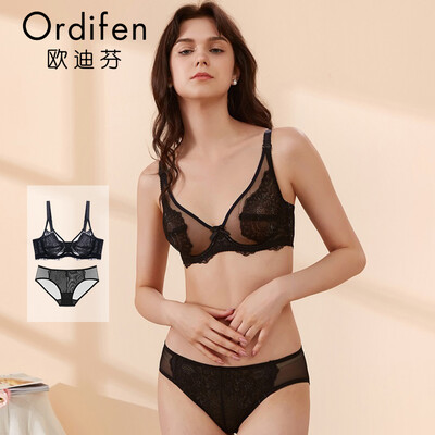 

Ou Difen thin section bra set thin section underwear bra bra lace sexy gathered on the womens underwear set XB8696 black C85XL