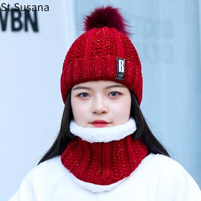 

St Susanna hat female winter warm Korean version of the trend student thickening plus velvet bib cover cap collar two sets of knitted wool cap SSN2525 red code