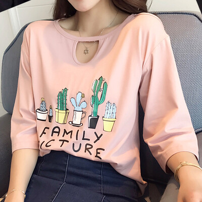 

VIVAHEART Korean casual loose hollow print T-shirt T-shirt female Korean version of the round neck coat VWTD173132 pink L
