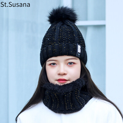 

St Susanna hat female winter warm Korean version of the trend student thickening plus velvet bib cover cap collar two sets of knitted wool cap SSN2525 black one yard