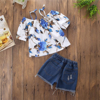 

2PCS Newborn Toddler Kids Baby Girl Denim pants Floral tops Outfits Clothes Set