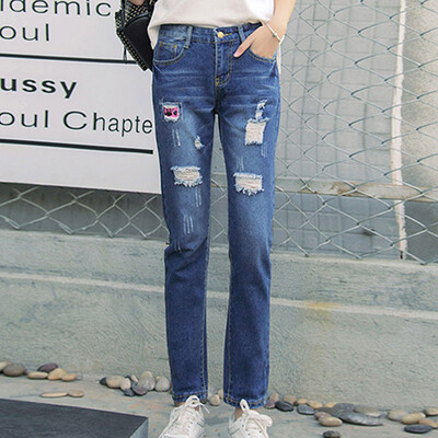 

Long Yue Women Korean College Wind Patch Buried Pants Nine Pants LWKN172424 Navy Blue