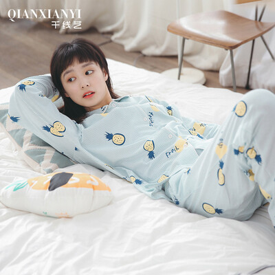 

Jingdong Supermarket] 1000 Arts 2017 new pajamas women spring and autumn cotton long-sleeved cardigan girls Japanese home service suit Q571014 blue bar