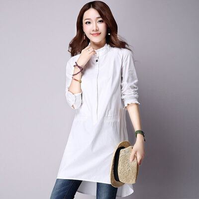 

JIANZHI JIANZHI 2017 Осенние хлопчатобумажные платья Сен Департамент рыхлого крупного размера хлопок полу-высокий воротник дамы темперамент длинным рукавом платье B8501 белый XL