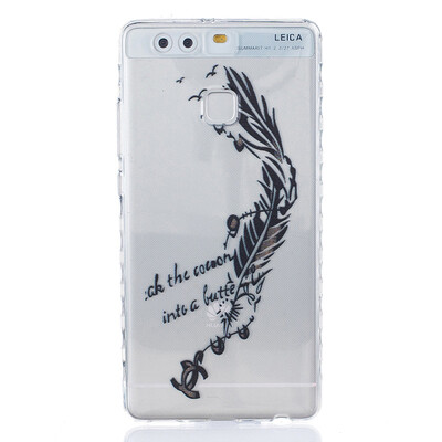 

Black feathers Pattern Soft Thin TPU Rubber Silicone Gel Case Cover for HUAWEI P9