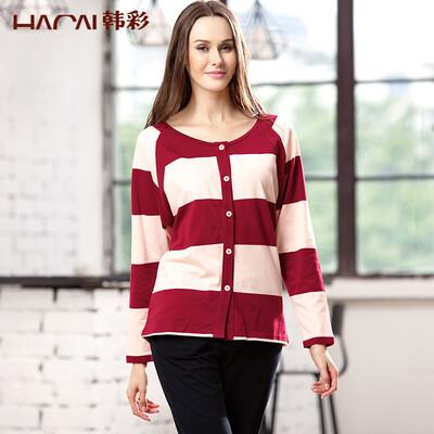

Han Cai HACAI pajamas women long sleeves pajamas round collar cardigan loose loose large code can be outside the home clothing set dates red 16590
