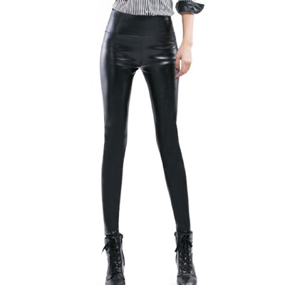 

MAZOE pu leather pants female wear black leggings high waist plus velvet thick pants M8868 black