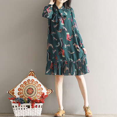 

City Plus CITYPLUS Art Retro Wind Chiffon Print Pleated Dresses CWQZ173166 Green M