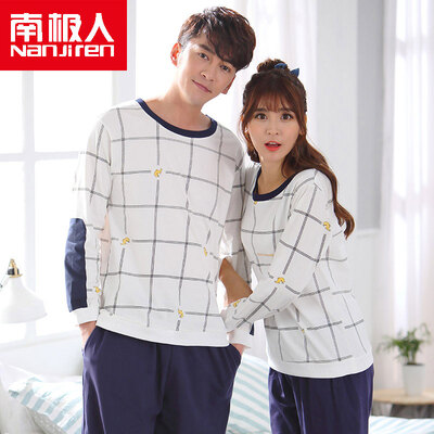 

Antarctic Nanjiren cotton pajamas home service men&women couples pajamas can wear long sleeves sets of cotton leisure home service suit female white large grid M