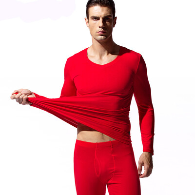

Han Cai HACAI mens thermal underwear thin section V-neck modal cotton thermal underwear set red 180\105