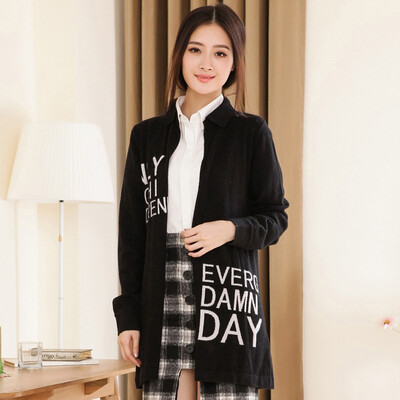 

MAZOE hit color letters fashion lapel long section knitted cardigan Z1120 black