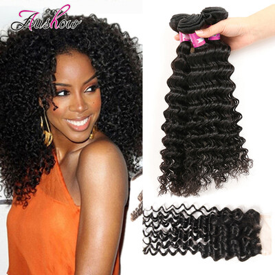 

Aushow Hair Products 3 Bundles Peruvian Virgin Hair Deep With Closure Human Hair Bundles With Lace Closures