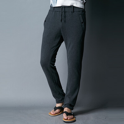 

YOMS Men's casual pants male straight sport trousers Korean cotton thick terry cloth knitted solid color elastic band tide men's casual pants 02283 black horse gray XXXL190