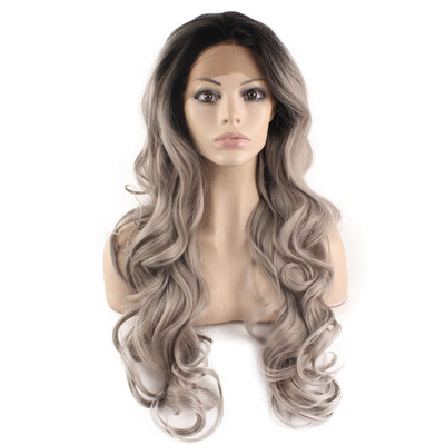 

Iwona Synthetic Hair Lace Front Long Wavy Black Gray Two Tone Ombre Wig