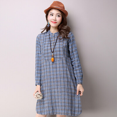 

Simple and elegant JIANZHI 2017 spring and autumn cotton and linen large size women's dress dress Slim simple long-sleeved solid color lattice dress female B8613 blue