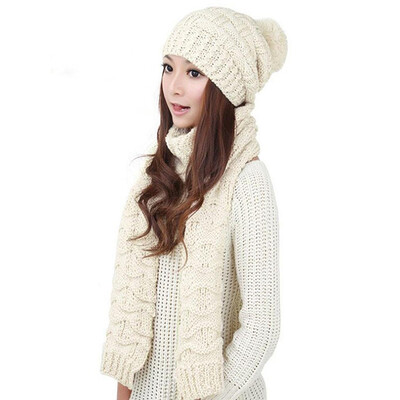 

MyMei Women's Warm Woolen Knit Hood Scarf Shawl Caps Hats Suit 1 Set