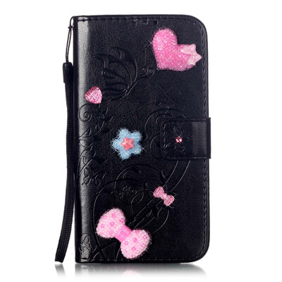 

Black Flower Design PU Leather Flip Cover Wallet Card Holder Case for HTC 626