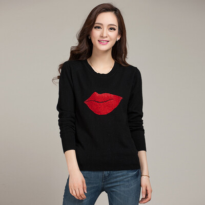 

MAZOE fashion hit color red lips pattern jacquard round collar wild sweater Z1099 black L