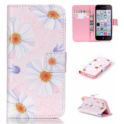 

Pink Flower Design PU Leather Flip Cover Wallet Card Holder Case for IPHONE 5C