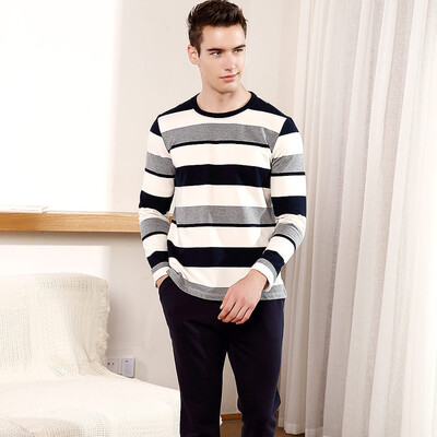 

Red beans home couple pajamas men&women spring&autumn cotton long sleeves wide stripes home service suit 129 Tibetan green 185 104A