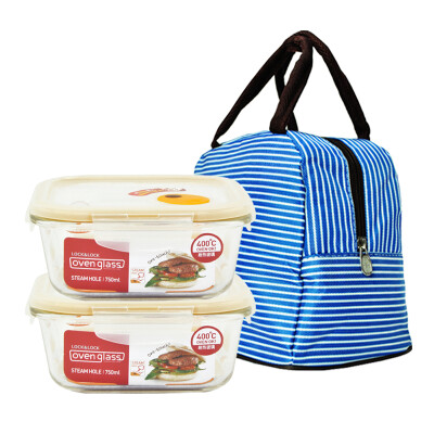 

Loctite buckle with steam hole glass crisper microwave oven lunch box glass bowl lunch box lunch box two sets of LLG861T * 2 sent striped lunch bag 950ml * 2