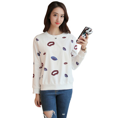 

Long Yue Women 2017 spring new fashion long-sleeved sweater round neck hedging loose wild big yards primer shirt T-shirt LWWY171114 white L