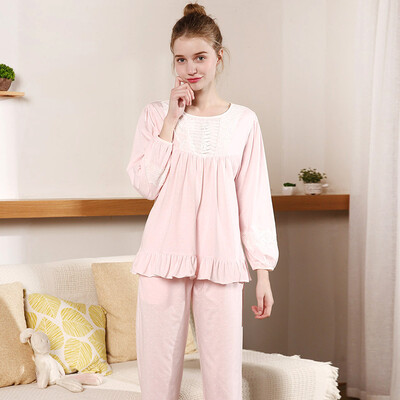 

[Jingdong supermarket] red beans home (Hodohome) home service pajamas women 2017 spring and summer new cotton long-sleeved lace bow set pink 160 / 84A