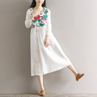 

CITYPLUS Arts & Crafts Women's Retro Heavy Leather Embroidery Cotton & Cotton Long Sleeve Dress CWQZ172357 White L