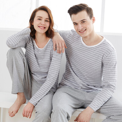 

Small nurse pajamas home service men&women cotton round neck stripes couple pajamas home service suit XXT006 comfortable breathable female - gray strip  175105