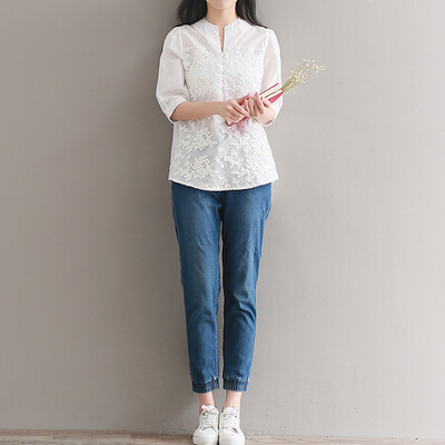 

City plus CITYPLUS art linen hollow sleeves embroidered shirt shirt thin CWCD173252 white L