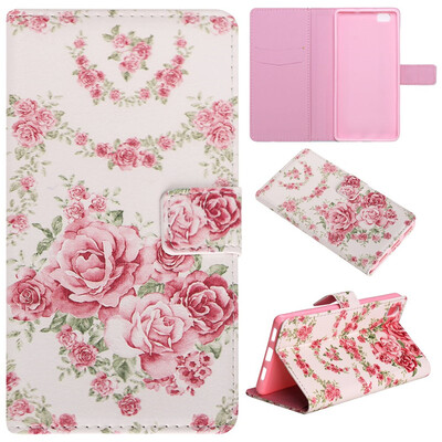 

Pink Rose Design PU Leather Flip Cover Wallet Card Holder Case for HUAWEI P8 Lite