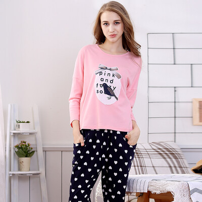 

[Jingdong supermarket] red beans home (Hodohome) pajamas women spring and autumn cotton fresh printing long-sleeved bat sleeves home service suit pink 170 / 92A