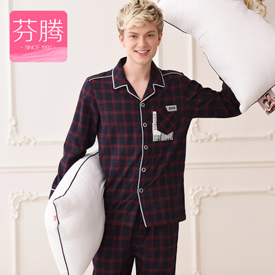 

Jingdong supermarket] Fenteng (FENTENG) spring cotton classic cardigan lattice pajamas can be outside the home clothing suit men 9638657 Lange