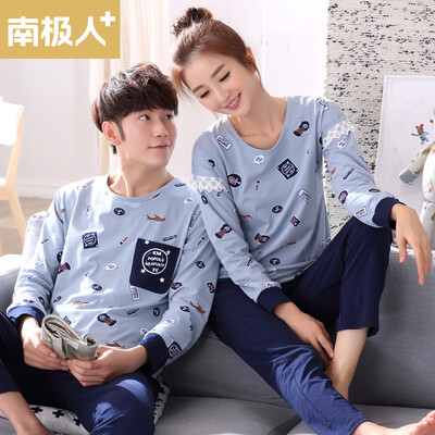 

Jingdong supermarket] Antarctic people + pajamas leisure pattern spring cotton long-sleeved couple home service T-QL5022 female blue blue code