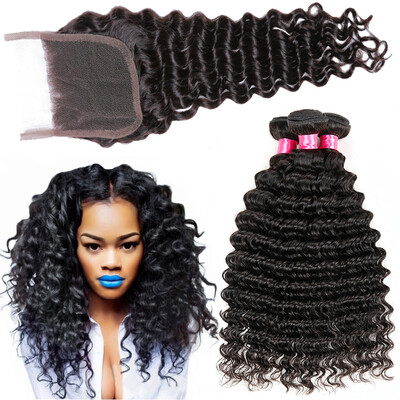 

Peruvian Deep Wave With Closure 3 Bundles Peruvian Virgin Hair With Closure Deep Curly Human Hair With Closure And Baby Hair