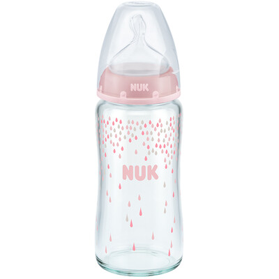 

NUK wide-bore glass bottle newborn baby baby bottle 240ml with anti-flatulence silicone nipple 0-6 months round hole pink German import