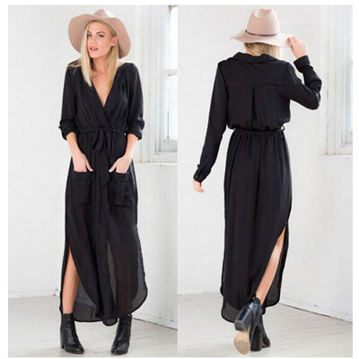 

Buenos Ninos Women Sexy Long Sleeve Casual Chiffon Long Dress Deep V-Neck Solid Dress