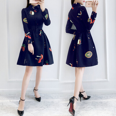 

Бо Хоума Корейский моды Тонкий темперамент был тонкий печать небольшой ароматный ветер сладкий элегантная простота дикий женский zx16100516 темно-синее платье S