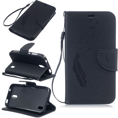 

Black Feathers and birds Style Embossing Classic Flip Cover with Stand Function and Credit Card Slot for HUAWEI Y625