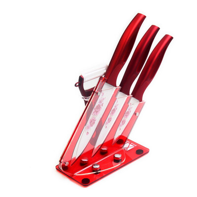 

XYJ Brand Red Kitchen Knife Stand With 3pcs Ceramic Knives+ Peeler Kitchen Accessories Hot Sales