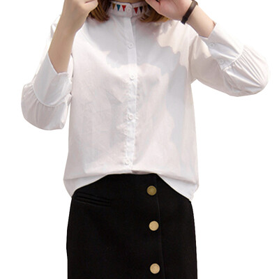 

Long Yue Women 2017 spring new Korean solid color collar collar embroidery long-sleeved shirt wild shirt white shirt LWCC171209 white