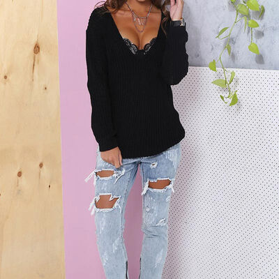 

MyMei 2016 Hot Sale Solid Deep V Neck Sexy Knitted Sweaters Women Long Sleeve Vintage Blouse Unif Casual Office Pull Femme Pullove