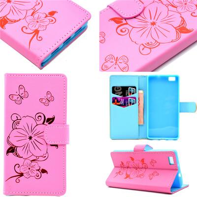 

Pink Hot Stamping Foil Gold Design PU Leather Flip Cover Wallet Card Holder Case for Huawei P8 Lite