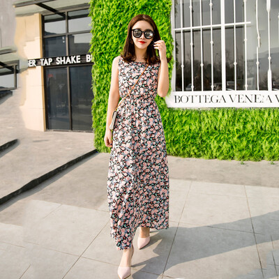 

KuoyiHouse KuoyiHouse 7323 17 years new Korean version of the long section of the round neck sleeveless suit dress female tight waist cotton long skirt cents 20 black bottom floral S