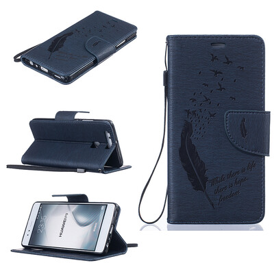 

Dark blue Feathers and birds Style Embossing Classic Flip Cover with Stand Function and Credit Card Slot for HUAWEI P9