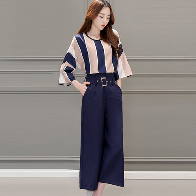 

A pond morning 2017 summer professional women's suit wild loose nine points sleeves round neck short jacket waist narrow waist leg pants S71R0374A181M possession of blue M