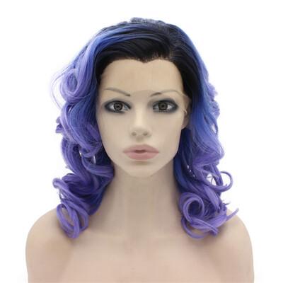 

16inch Wavy Half Hand Tied Dark Root Two Tone Violet Purple Lace Front Wig