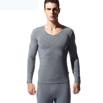 

Han Cai HACAI mens thermal underwear thin section V-neck modal cotton thermal underwear set deep hemp gray 185\110 3XL