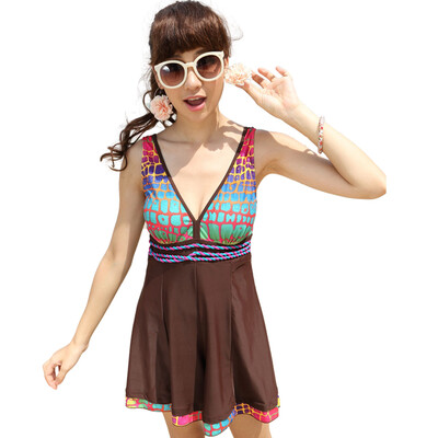 

Qihai QIHAI 84155-8 Ms Siamese pants skirt swimsuit conservative cover belly was thin Korean version of the hot spring swimming suit blue S