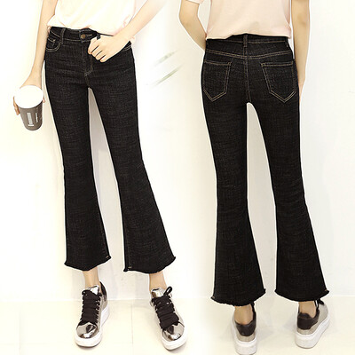 

KuoyiHouse 915 2017 new jeans women's burr micro-pull nine pants high waist Slim was thin wild bell pants black 30